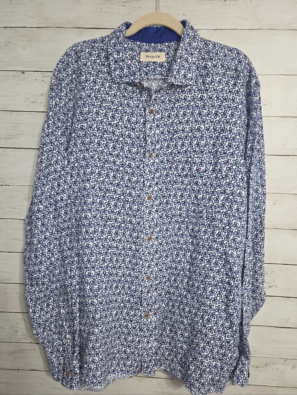 Borgo28 Men's Blue Floral Printed Button-Up Shirt, Long Sleeve, 100% Linen, XL